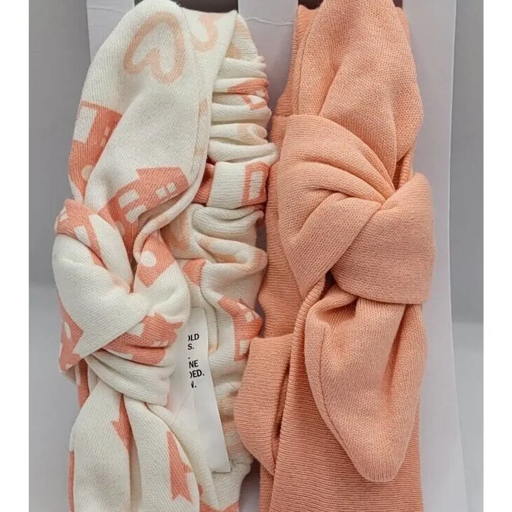 Lullaby Lane Set Of 2 Coral White Heart House Organic Cotton Baby Headbands New